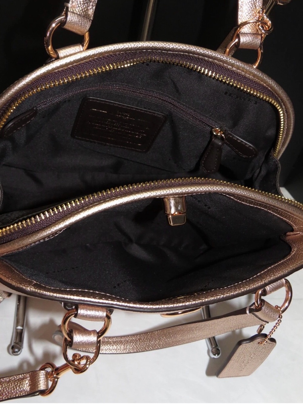Coach Prince Street Mini Satchel in rose gold metallic leather. Turn lock. - Picture 14 of 17